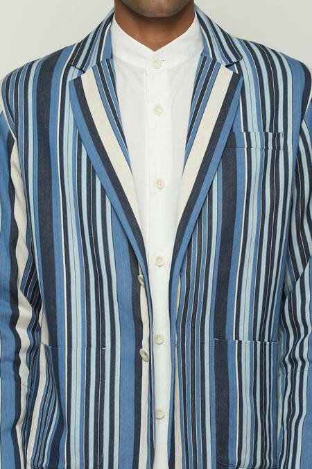 Abraham And Thakore Blue Cotton Lapel Collar Striped Woven Jacket Online at Aza Fashions Abraham And Thakore_Blue Cotton Lapel Collar Striped Woven Jacket _Online_at_Aza_Fashions