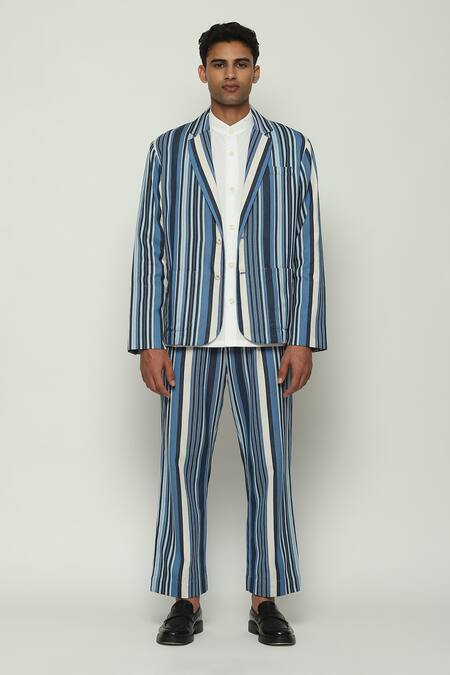 Shop Abraham And Thakore Blue Cotton Lapel Collar Striped Woven Jacket Online at Aza Fashions Shop_Abraham And Thakore_Blue Cotton Lapel Collar Striped Woven Jacket _Online_at_Aza_Fashions