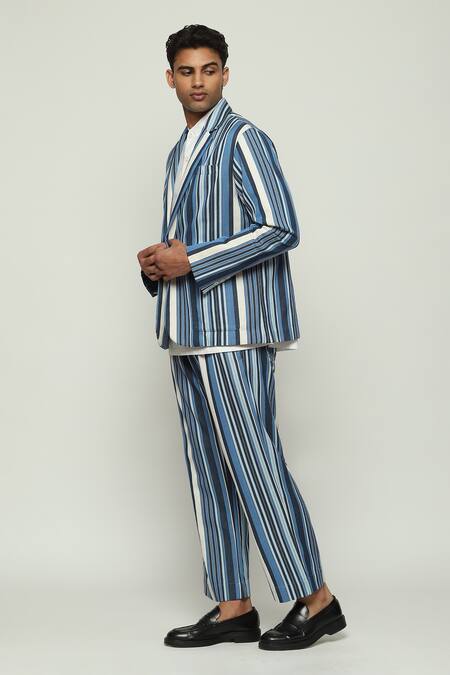 Abraham And Thakore Blue Cotton Lapel Collar Striped Woven Jacket at Aza Fashions Abraham And Thakore_Blue Cotton Lapel Collar Striped Woven Jacket _at_Aza_Fashions