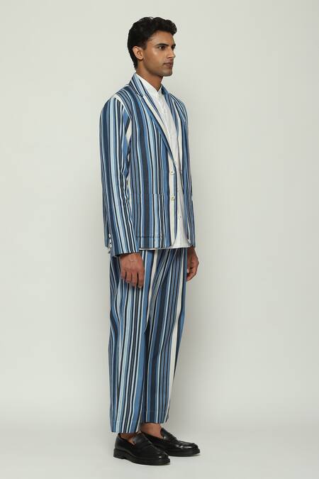 Buy Abraham And Thakore Blue Cotton Lapel Collar Striped Woven Jacket Buy_Abraham And Thakore_Blue Cotton Lapel Collar Striped Woven Jacket