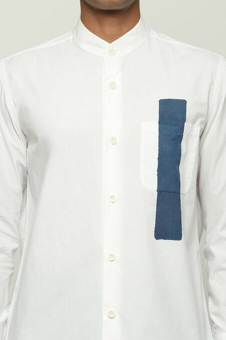 Abraham And Thakore White Cotton Block Print Chinese Collar Shirt Online at Aza Fashions Abraham And Thakore_White Cotton Block Print Chinese Collar Shirt _Online_at_Aza_Fashions