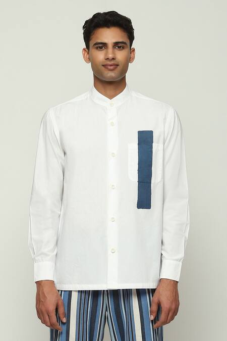 Shop Abraham And Thakore White Cotton Block Print Chinese Collar Shirt Online at Aza Fashions Shop_Abraham And Thakore_White Cotton Block Print Chinese Collar Shirt _Online_at_Aza_Fashions