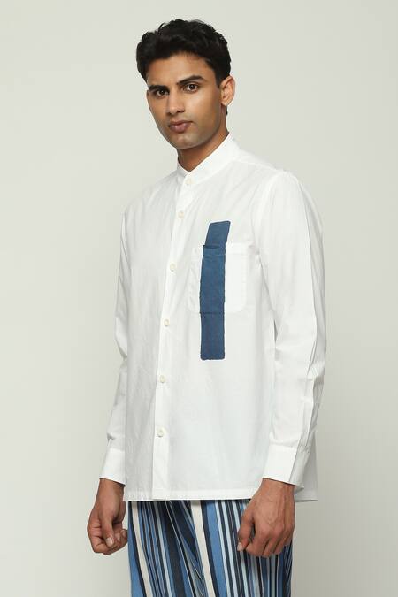 Abraham And Thakore White Cotton Block Print Chinese Collar Shirt at Aza Fashions Abraham And Thakore_White Cotton Block Print Chinese Collar Shirt _at_Aza_Fashions