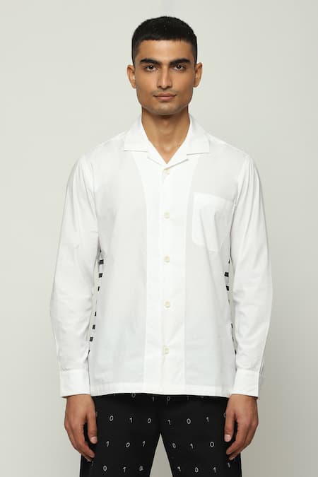 Shop Abraham And Thakore White Cotton Ribbed Block Print Shirt Online at Aza Fashions Shop_Abraham And Thakore_White Cotton Ribbed Block Print Shirt _Online_at_Aza_Fashions