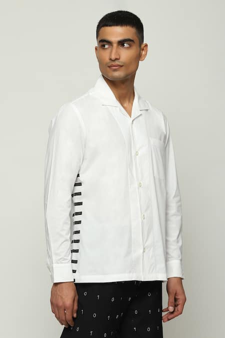 Buy Abraham And Thakore White Cotton Ribbed Block Print Shirt Buy_Abraham And Thakore_White Cotton Ribbed Block Print Shirt