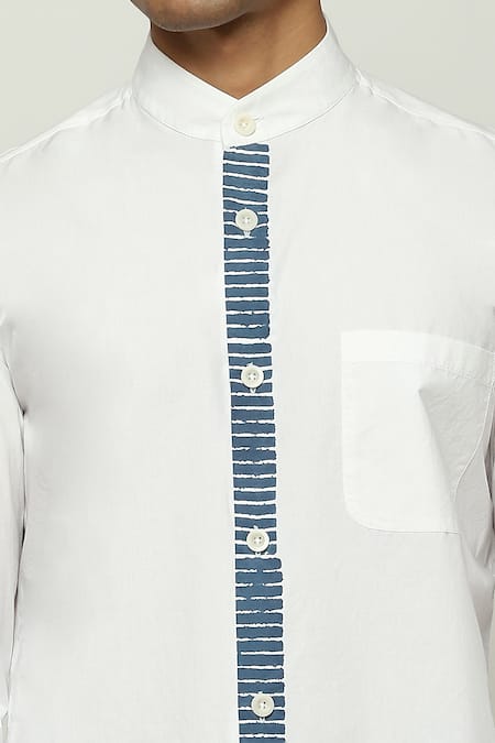 Abraham And Thakore White Cotton Ribbed Block Print Placket Shirt Online at Aza Fashions Abraham And Thakore_White Cotton Ribbed Block Print Placket Shirt_Online_at_Aza_Fashions