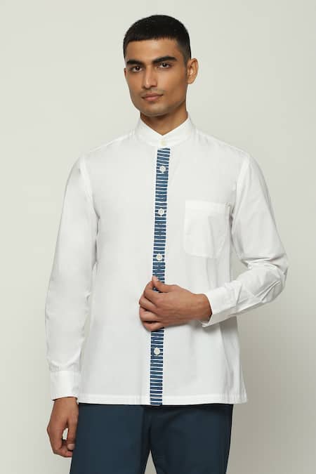 Shop Abraham And Thakore White Cotton Ribbed Block Print Placket Shirt Online at Aza Fashions Shop_Abraham And Thakore_White Cotton Ribbed Block Print Placket Shirt_Online_at_Aza_Fashions