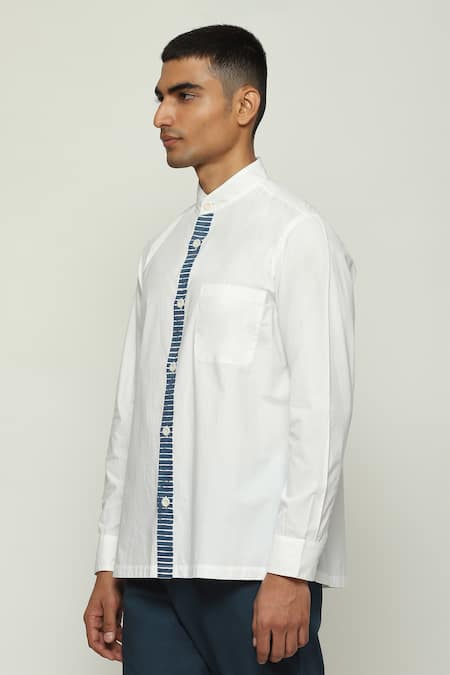 Abraham And Thakore White Cotton Ribbed Block Print Placket Shirt at Aza Fashions Abraham And Thakore_White Cotton Ribbed Block Print Placket Shirt_at_Aza_Fashions