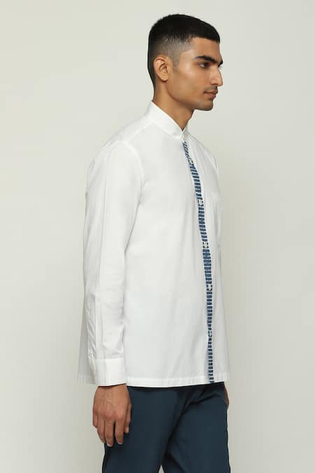Buy Abraham And Thakore White Cotton Ribbed Block Print Placket Shirt Buy_Abraham And Thakore_White Cotton Ribbed Block Print Placket Shirt