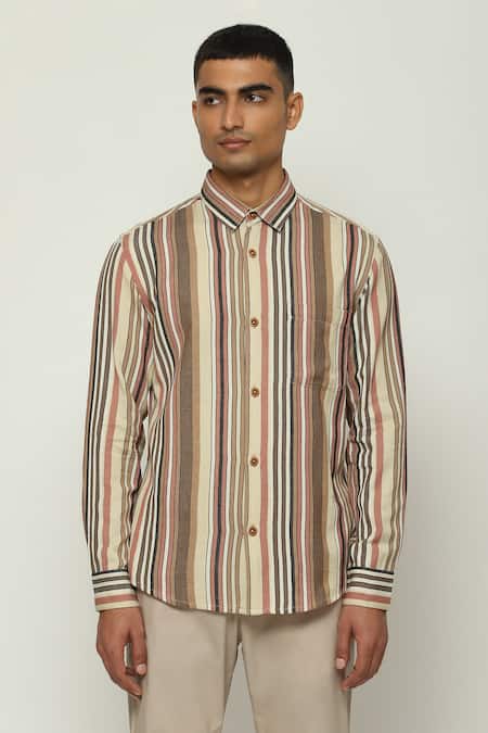 Shop Abraham And Thakore Multi Color Cotton Balance Striped Woven Shirt Online at Aza Fashions Shop_Abraham And Thakore_Multi Color Cotton Balance Striped Woven Shirt_Online_at_Aza_Fashions