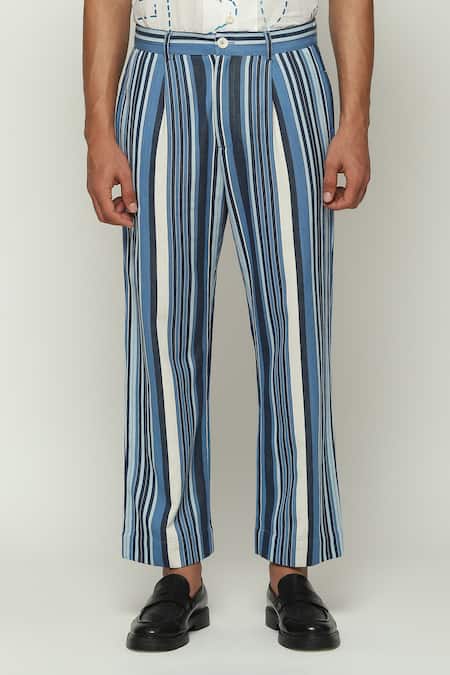 Shop Abraham And Thakore Blue Cotton, Twill Woven Balance Striped Trouser at Aza Fashions Shop_Abraham And Thakore_Blue Cotton, Twill Woven Balance Striped Trouser _at_Aza_Fashions