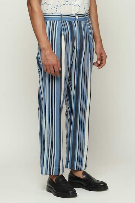 Abraham And Thakore Blue Cotton, Twill Woven Balance Striped Trouser Online at Aza Fashions Abraham And Thakore_Blue Cotton, Twill Woven Balance Striped Trouser _Online_at_Aza_Fashions