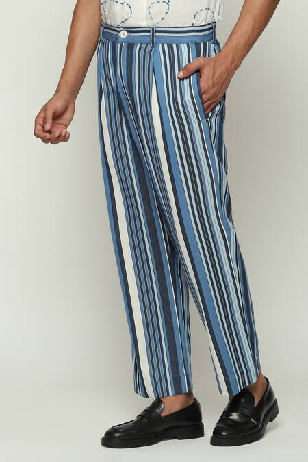 Buy Abraham And Thakore Blue Cotton, Twill Woven Balance Striped Trouser Online at Aza Fashions Buy_Abraham And Thakore_Blue Cotton, Twill Woven Balance Striped Trouser _Online_at_Aza_Fashions
