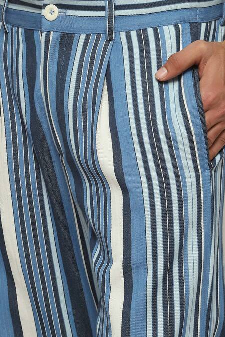 Shop Abraham And Thakore Blue Cotton, Twill Woven Balance Striped Trouser Online at Aza Fashions Shop_Abraham And Thakore_Blue Cotton, Twill Woven Balance Striped Trouser _Online_at_Aza_Fashions