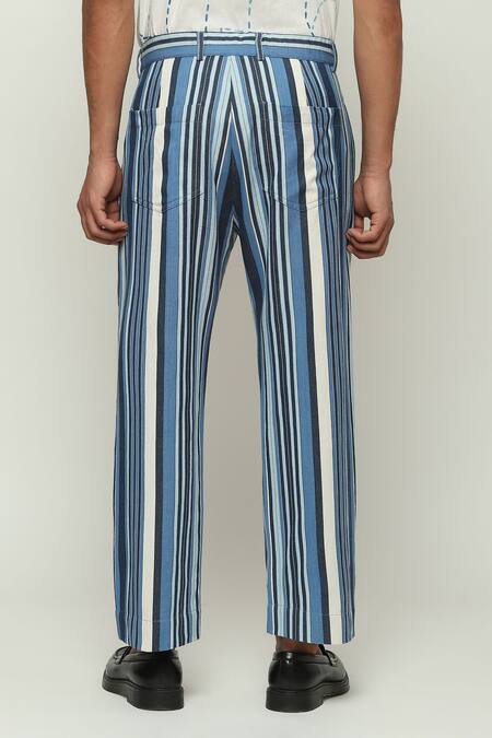 Buy Abraham And Thakore Blue Cotton, Twill Woven Balance Striped Trouser Buy_Abraham And Thakore_Blue Cotton, Twill Woven Balance Striped Trouser