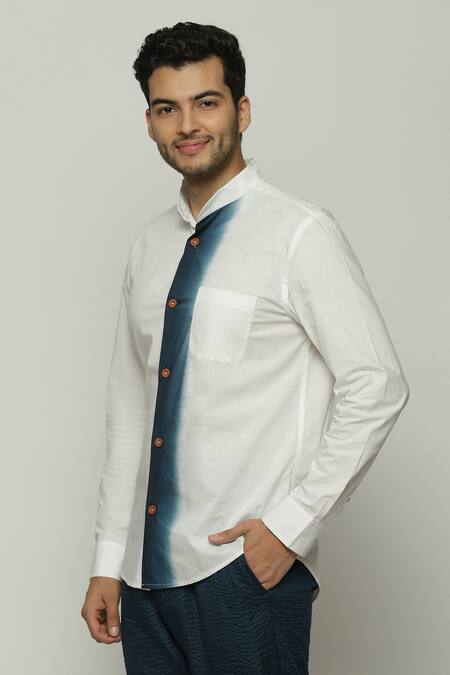 Shop Abraham And Thakore White Cotton, Poplin Ombre Placket Shirt Online at Aza Fashions Shop_Abraham And Thakore_White Cotton, Poplin Ombre Placket Shirt_Online_at_Aza_Fashions