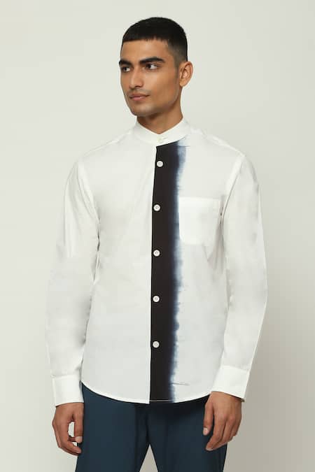 Shop_Abraham And Thakore_White Cotton Ombre Placket Chinese Collar Shirt_Online_at_Aza_Fashions