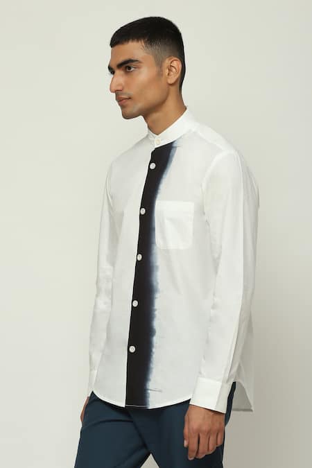 Abraham And Thakore_White Cotton Ombre Placket Chinese Collar Shirt_at_Aza_Fashions