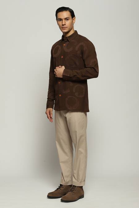 Buy_Abraham And Thakore_Brown Cotton Organic Ring Pattern Shirt_Online_at_Aza_Fashions