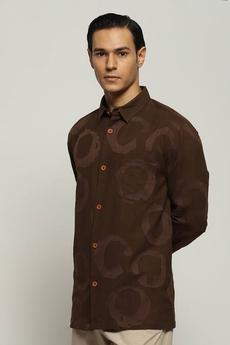 Shop_Abraham And Thakore_Brown Cotton Organic Ring Pattern Shirt_Online_at_Aza_Fashions