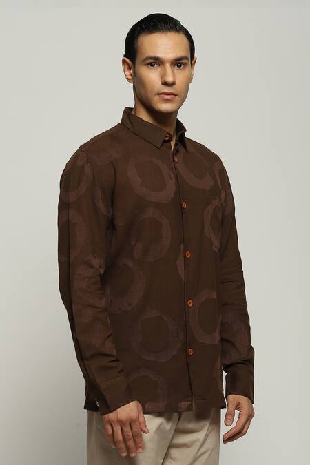 Abraham And Thakore_Brown Cotton Organic Ring Pattern Shirt_at_Aza_Fashions