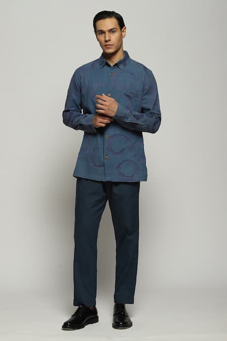 Abraham & Thakore Blue 100% Cotton Slub Organic Rings Swerve Pattern Shirt 