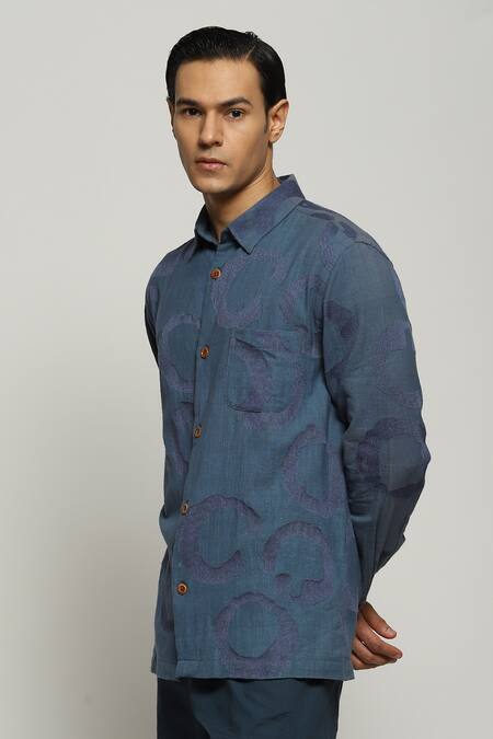Abraham And Thakore Blue Cotton Swerve Ring Pattern Shirt Online at Aza Fashions Abraham And Thakore_Blue Cotton Swerve Ring Pattern Shirt_Online_at_Aza_Fashions