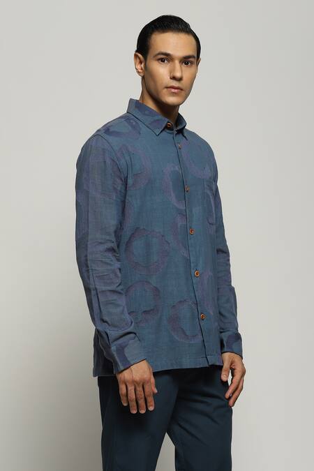 Buy Abraham And Thakore Blue Cotton Swerve Ring Pattern Shirt Online at Aza Fashions Buy_Abraham And Thakore_Blue Cotton Swerve Ring Pattern Shirt_Online_at_Aza_Fashions
