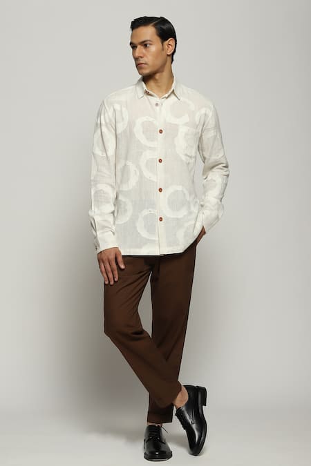 Abraham & Thakore White 100% Cotton Slub Organic Rings Swirl Pattern Shirt 