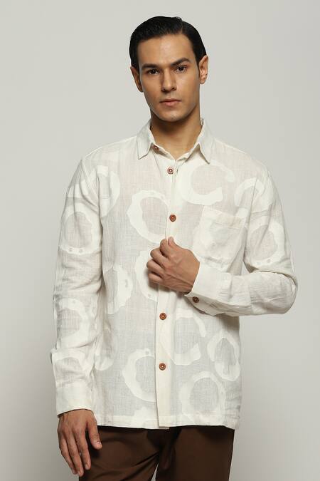 Abraham And Thakore White Cotton Ring Swirl Pattern Shirt Online at Aza Fashions Abraham And Thakore_White Cotton Ring Swirl Pattern Shirt_Online_at_Aza_Fashions