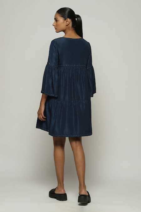 Shop Abraham And Thakore Blue Silk Mirrors Round Neck Tiered Embellished Dress at Aza Fashions Shop_Abraham And Thakore_Blue Silk Mirrors Round Neck Tiered Embellished Dress_at_Aza_Fashions
