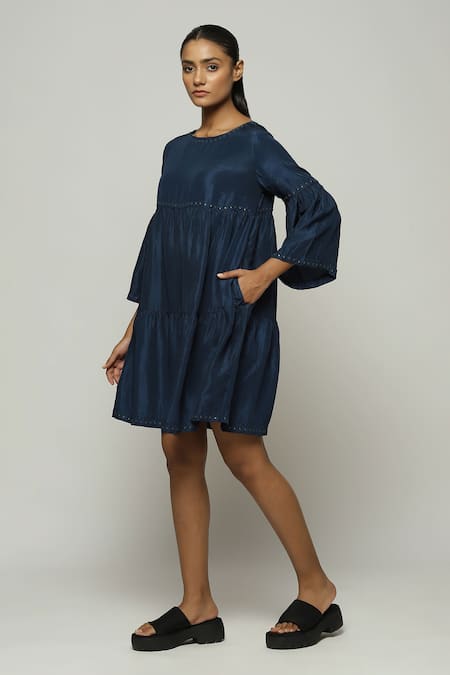 Abraham And Thakore Blue Silk Mirrors Round Neck Tiered Embellished Dress Online at Aza Fashions Abraham And Thakore_Blue Silk Mirrors Round Neck Tiered Embellished Dress_Online_at_Aza_Fashions