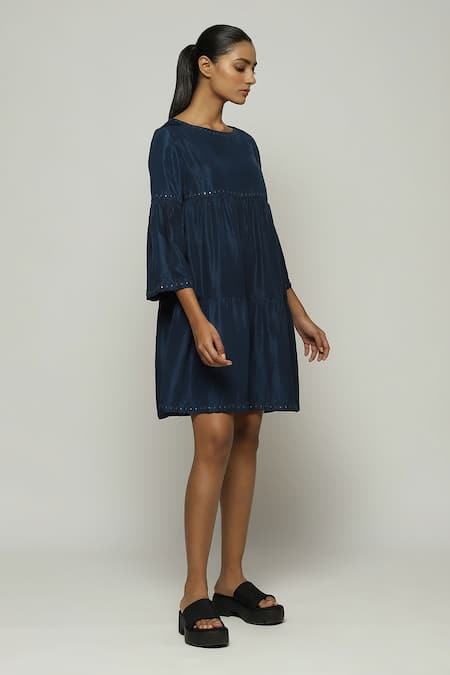 Buy Abraham And Thakore Blue Silk Mirrors Round Neck Tiered Embellished Dress Online at Aza Fashions Buy_Abraham And Thakore_Blue Silk Mirrors Round Neck Tiered Embellished Dress_Online_at_Aza_Fashions