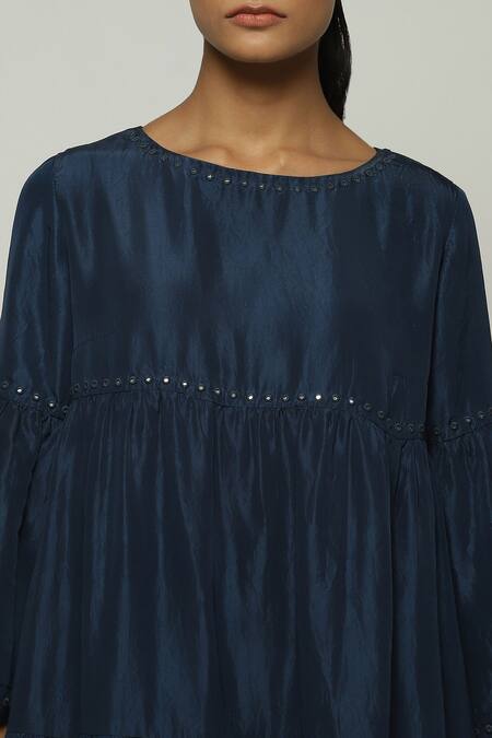 Shop Abraham And Thakore Blue Silk Mirrors Round Neck Tiered Embellished Dress Online at Aza Fashions Shop_Abraham And Thakore_Blue Silk Mirrors Round Neck Tiered Embellished Dress_Online_at_Aza_Fashions