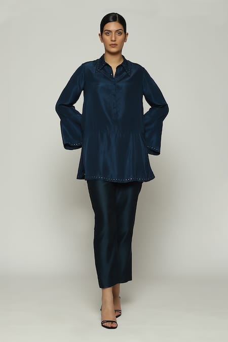 Abraham & Thakore Blue 100% Silk Habutai Embellished Mirror Shirt Collar Rings Top 