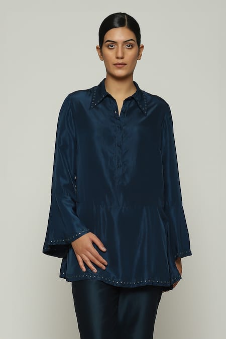 Abraham And Thakore_Blue Silk Mirrors Collared Rings Embellished Top_Online_at_Aza_Fashions
