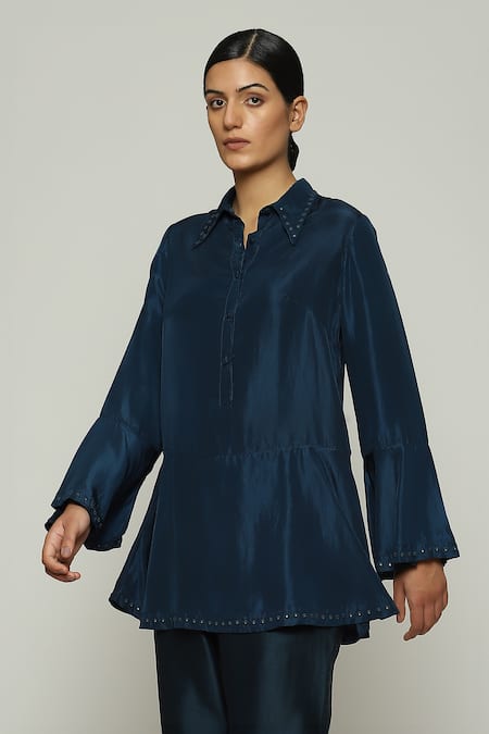 Buy_Abraham And Thakore_Blue Silk Mirrors Collared Rings Embellished Top_Online_at_Aza_Fashions