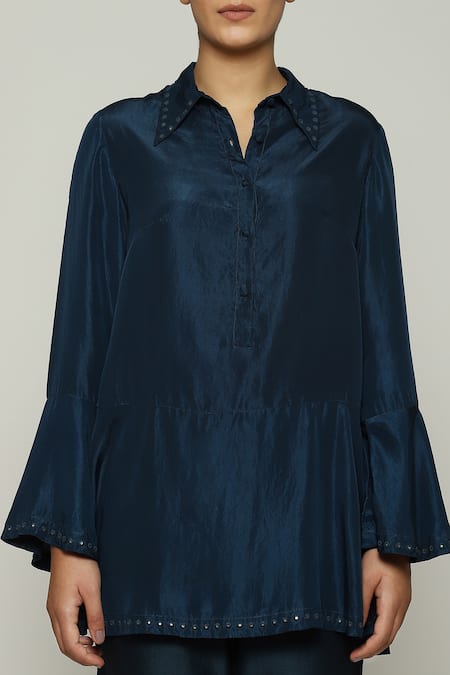 Shop_Abraham And Thakore_Blue Silk Mirrors Collared Rings Embellished Top_Online_at_Aza_Fashions