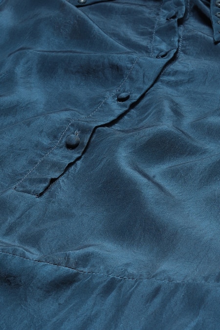 Abraham And Thakore_Blue Silk Mirrors Collared Rings Embellished Top_at_Aza_Fashions