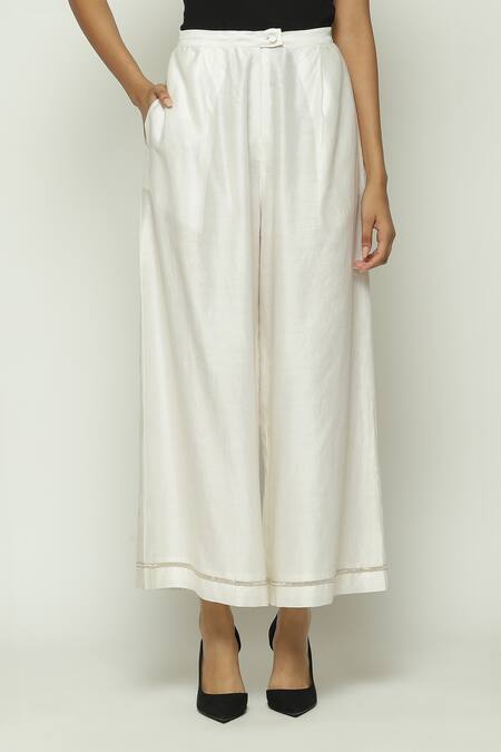 Shop Abraham And Thakore Ivory Chanderi Lace French Knot Trouser at Aza Fashions Shop_Abraham And Thakore_Ivory Chanderi Lace French Knot Trouser_at_Aza_Fashions