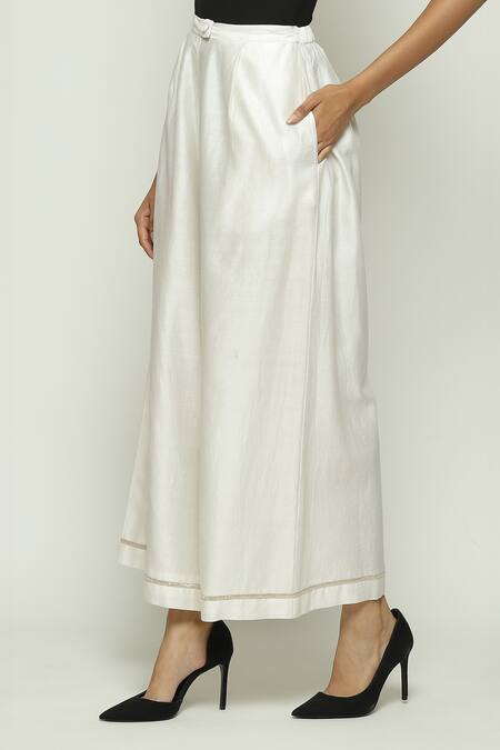 Abraham And Thakore Ivory Chanderi Lace French Knot Trouser Online at Aza Fashions Abraham And Thakore_Ivory Chanderi Lace French Knot Trouser_Online_at_Aza_Fashions