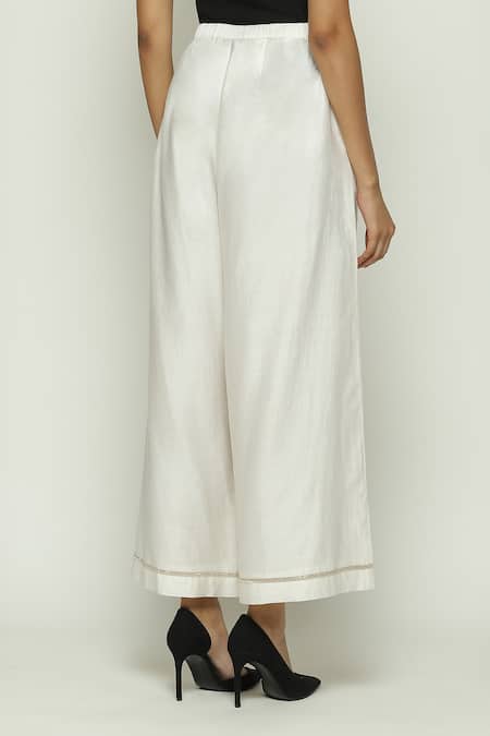 Shop Abraham And Thakore Ivory Chanderi Lace French Knot Trouser Online at Aza Fashions Shop_Abraham And Thakore_Ivory Chanderi Lace French Knot Trouser_Online_at_Aza_Fashions