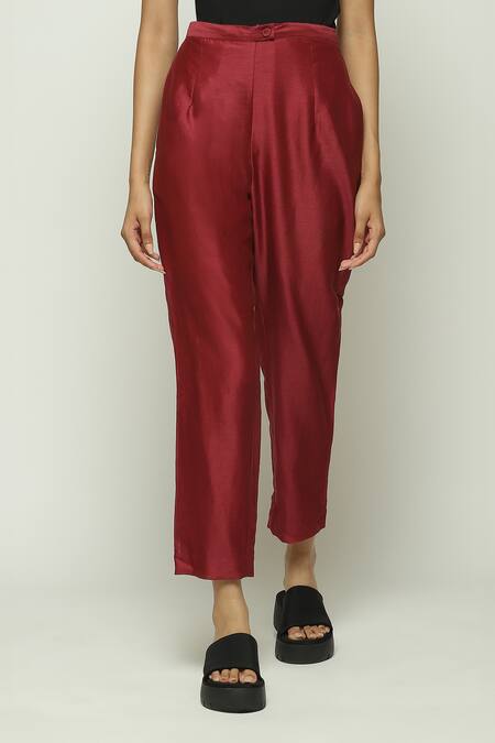 Shop Abraham And Thakore Wine Chanderi Solid Trouser at Aza Fashions Shop_Abraham And Thakore_Wine Chanderi Solid Trouser_at_Aza_Fashions