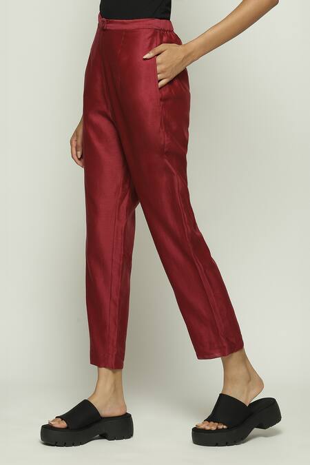 Abraham And Thakore Wine Chanderi Solid Trouser Online at Aza Fashions Abraham And Thakore_Wine Chanderi Solid Trouser_Online_at_Aza_Fashions