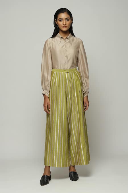 Abraham & Thakore Green Chanderi Embellished Lace Trouser 
