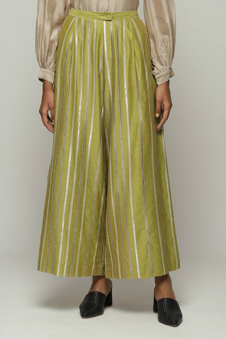 Shop Abraham And Thakore Green Chanderi Lace Embellished Trouser at Aza Fashions Shop_Abraham And Thakore_Green Chanderi Lace Embellished Trouser_at_Aza_Fashions