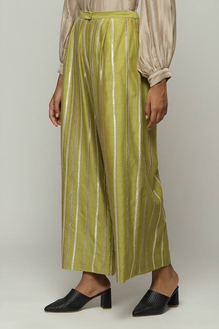 Abraham And Thakore Green Chanderi Lace Embellished Trouser Online at Aza Fashions Abraham And Thakore_Green Chanderi Lace Embellished Trouser_Online_at_Aza_Fashions