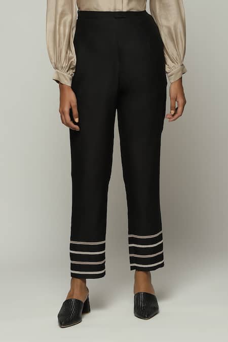 Shop Abraham And Thakore Black Chanderi Lace Embellished Hem Trouser at Aza Fashions Shop_Abraham And Thakore_Black Chanderi Lace Embellished Hem Trouser _at_Aza_Fashions