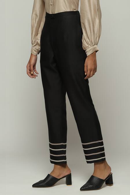 Abraham And Thakore Black Chanderi Lace Embellished Hem Trouser Online at Aza Fashions Abraham And Thakore_Black Chanderi Lace Embellished Hem Trouser _Online_at_Aza_Fashions