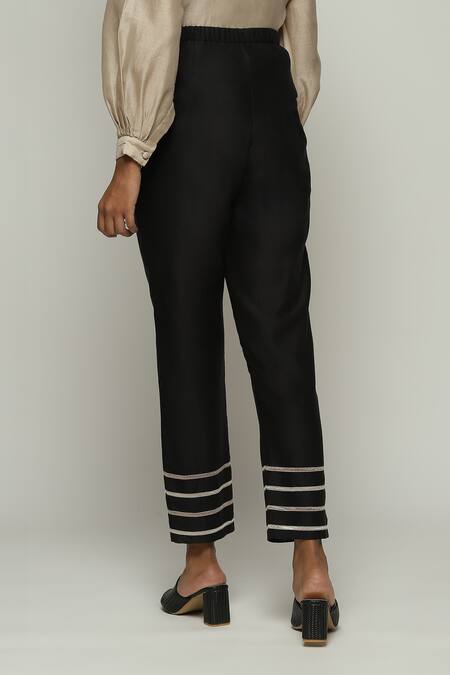 Shop Abraham And Thakore Black Chanderi Lace Embellished Hem Trouser Online at Aza Fashions Shop_Abraham And Thakore_Black Chanderi Lace Embellished Hem Trouser _Online_at_Aza_Fashions